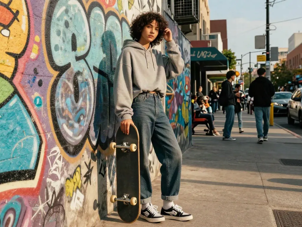 Youth sporting stylish streetwear with skateboard in an urban setting, showcasing rokok88 fashion vibes.