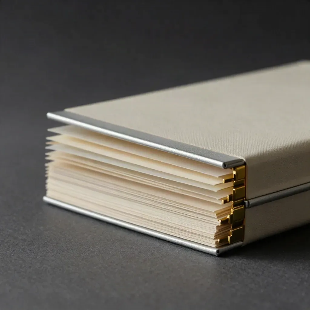 Cream ETF case with translucent sleeves and brass spacers against graphite, close-up product shot