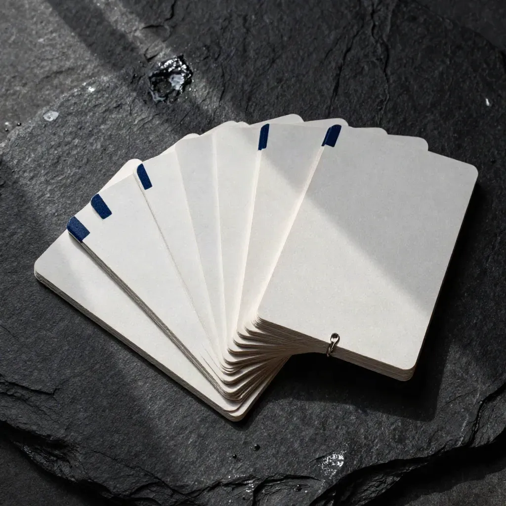 Overhead flat lay of matte fund-screening cards and slate tray on wet basalt with navy accents.