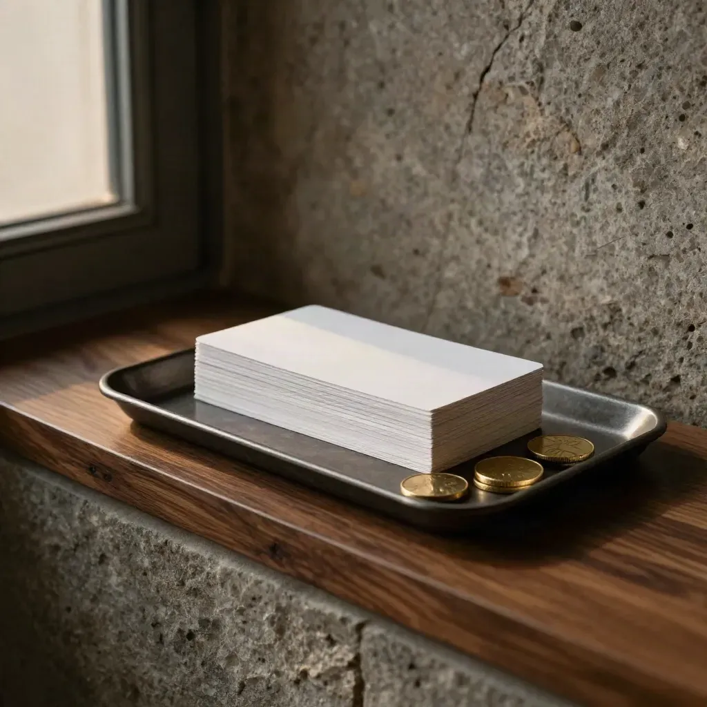 White cash reserve kit with brass tokens and dark tray beside a stone wall.