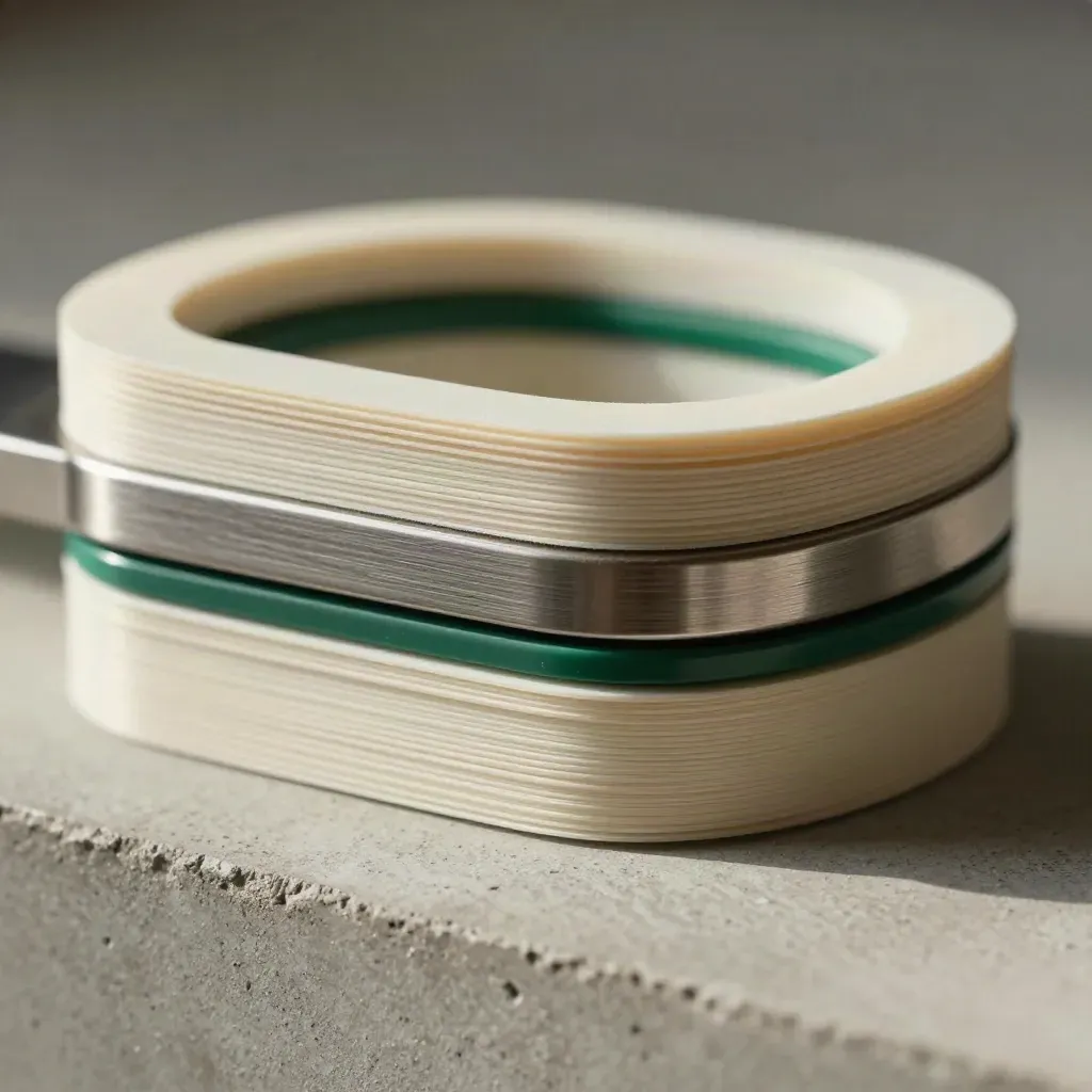 Extreme macro of ivory allocation bands with steel separator and emerald marker on concrete