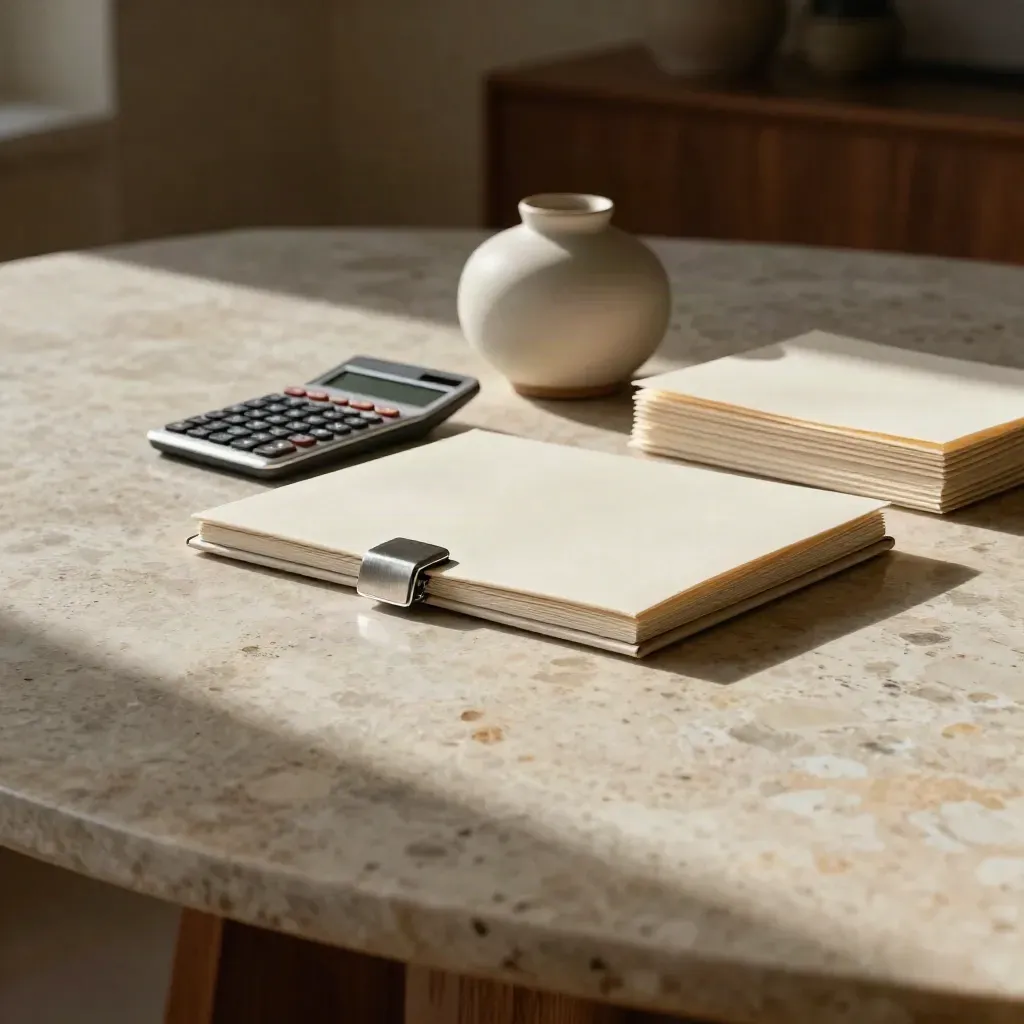 Travertine table with portfolio folio, ceramic vessel and soft light in a calm interior.